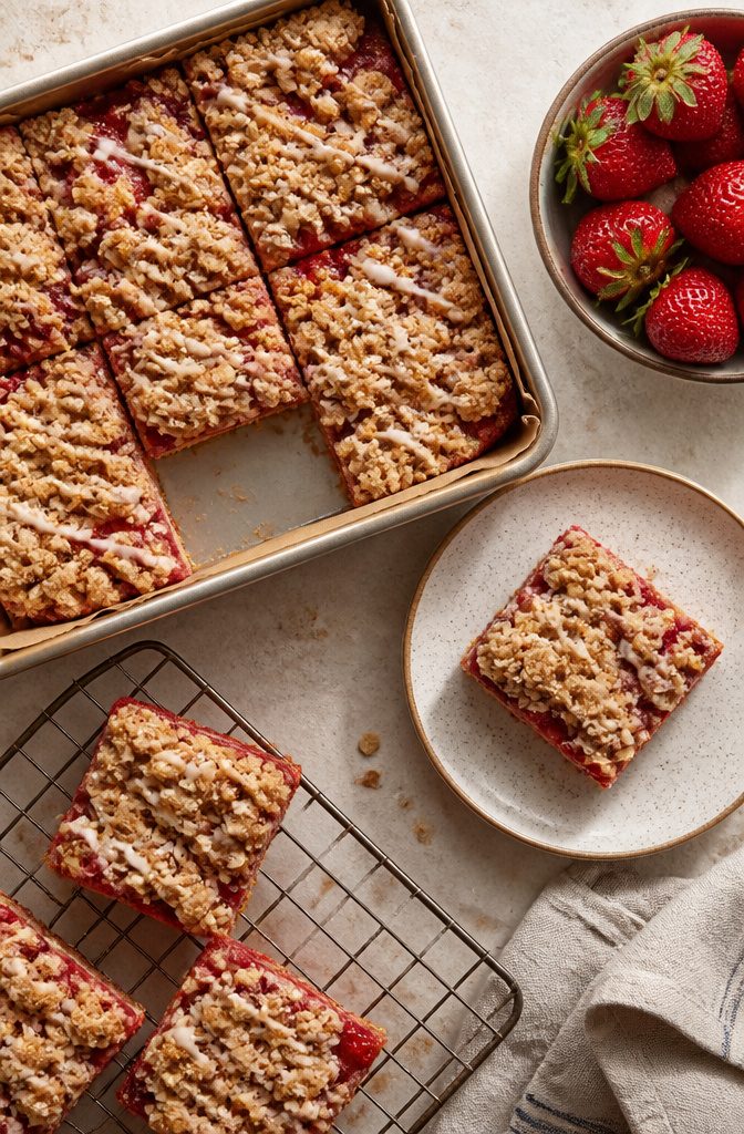 Oat bars with strawberry filling and a golden crumble topping