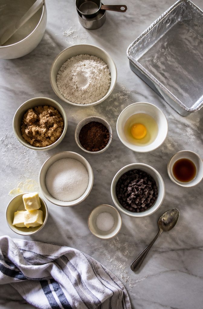 Brookie ingredients including butter sugar eggs flour cocoa and semisweet chocolate chips