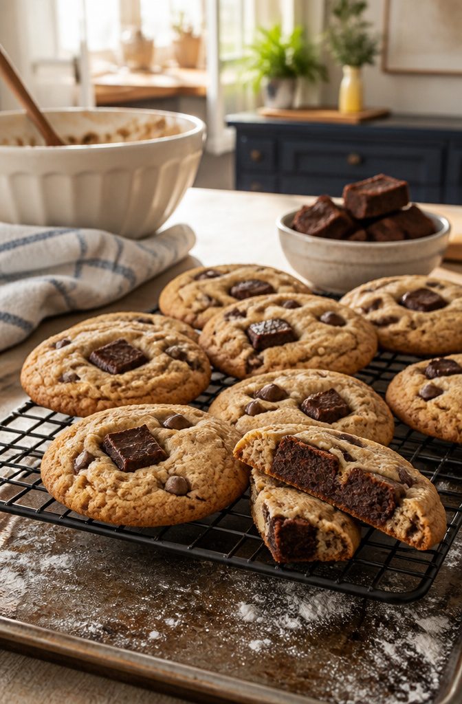 Chocolate chip cookies with distinct brownie chunks and crisp browned edges