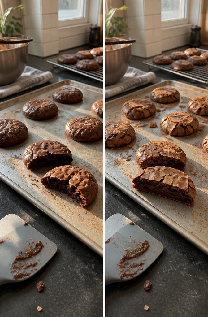 Round brownie cookies with shiny crackled tops arranged on a baking sheet