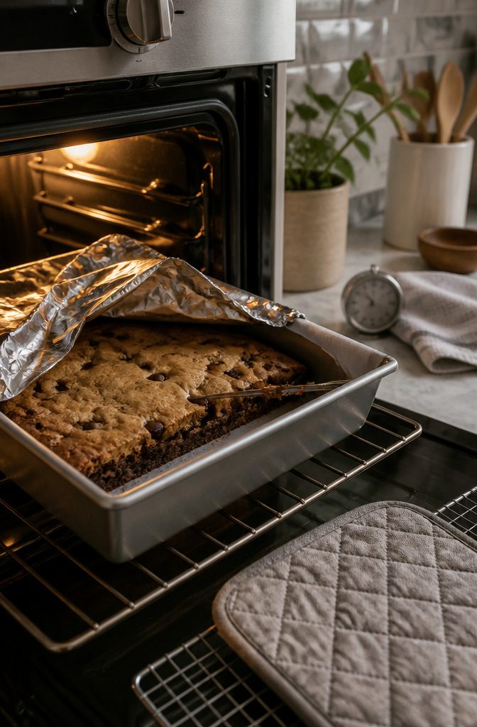 Brookie in a square pan with folded foil and a tester carrying moist crumbs