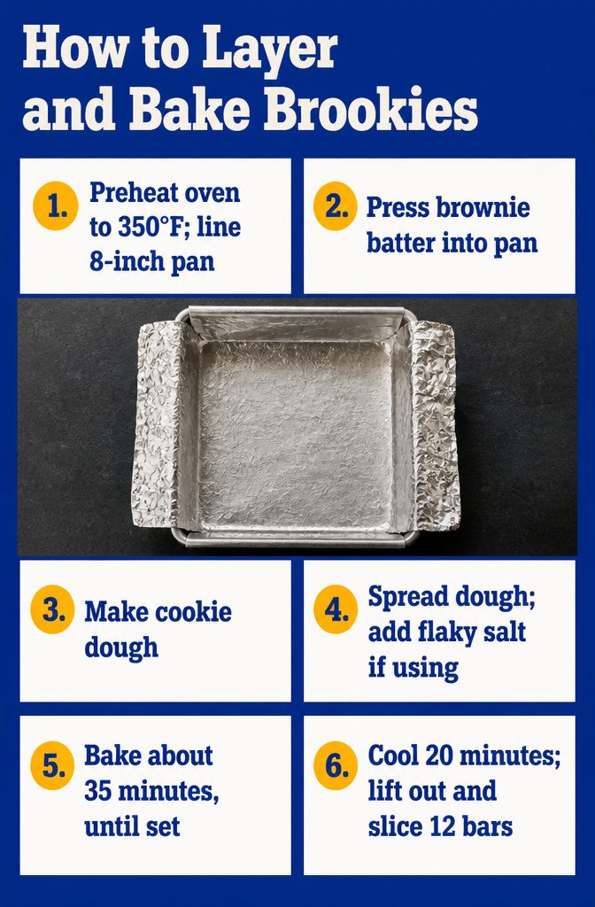 Recipe graphic showing brownie batter beneath cookie dough in a square pan