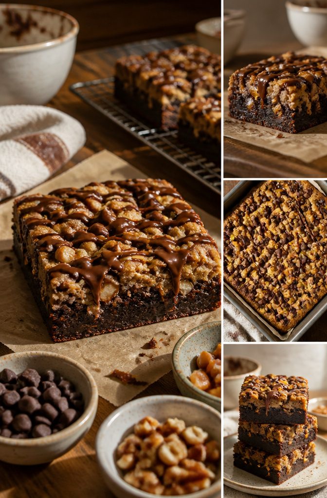 Brookie bars with visible chocolate chips and other mix-ins in both layers