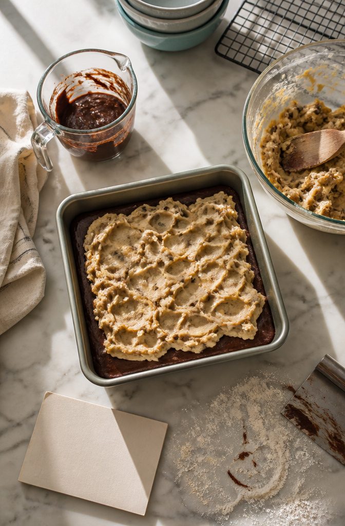 Brookie bar showing brownie and cookie layers beside baking ingredients