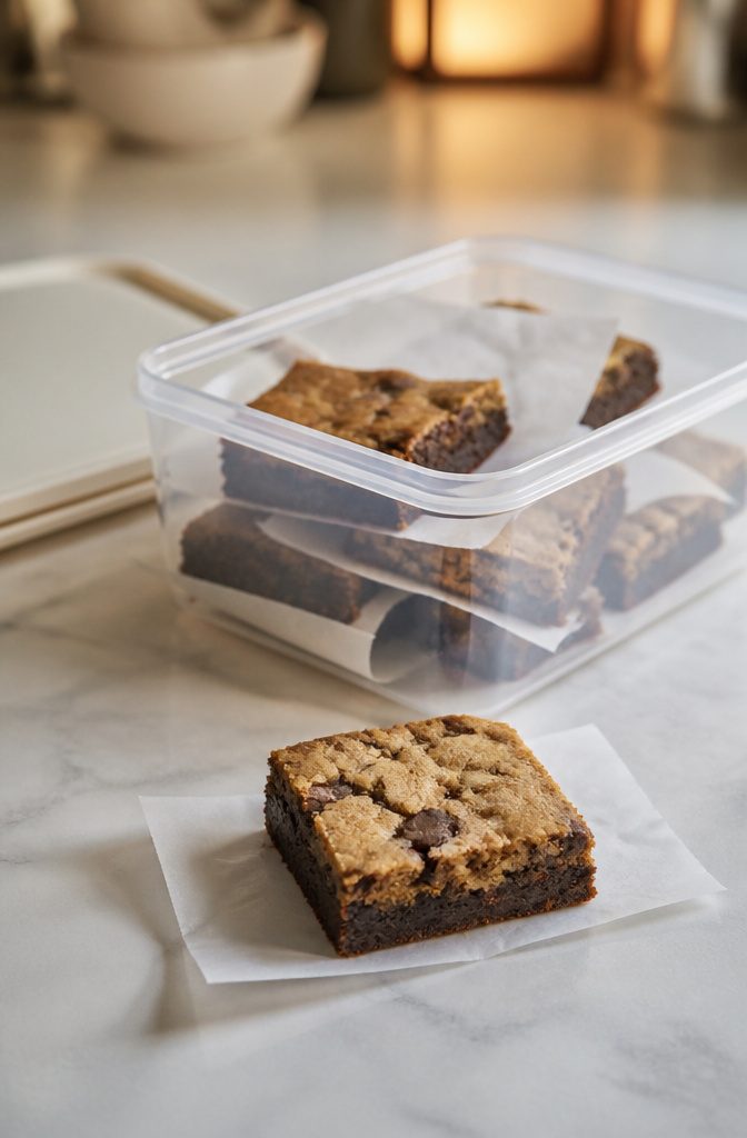 Brookie bars arranged for storage with wrapping and a freezer-safe container