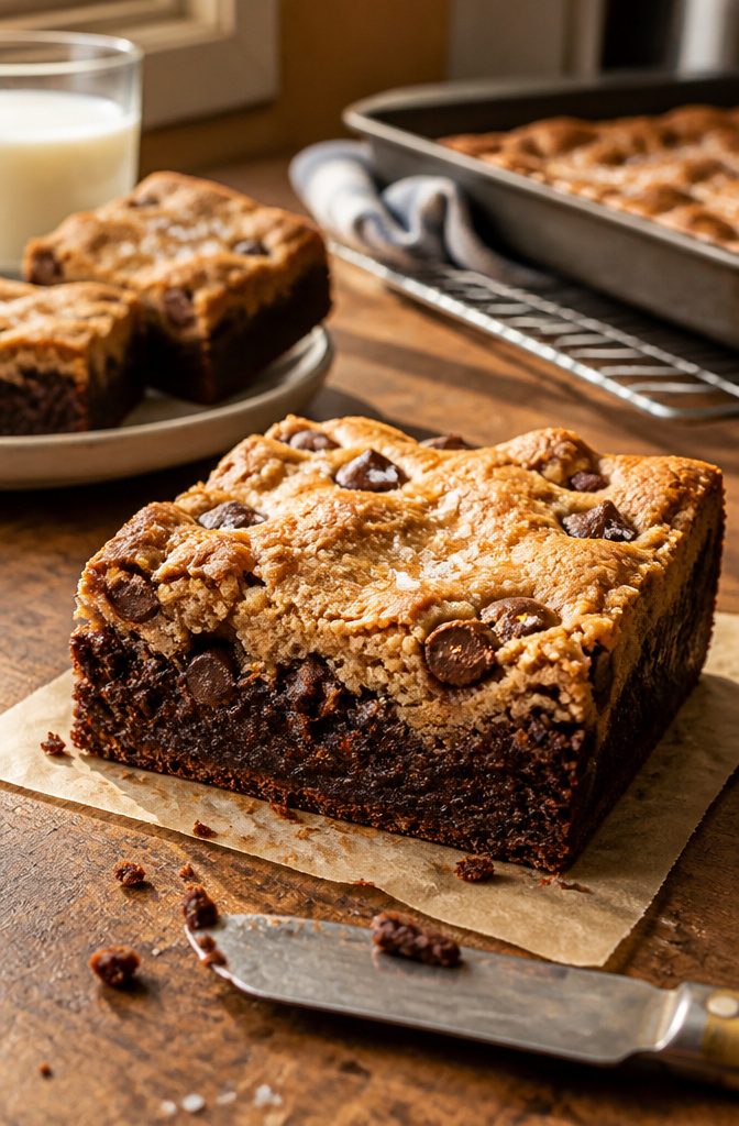 Brookie bar with a fudgy brownie base and a chocolate chip cookie top