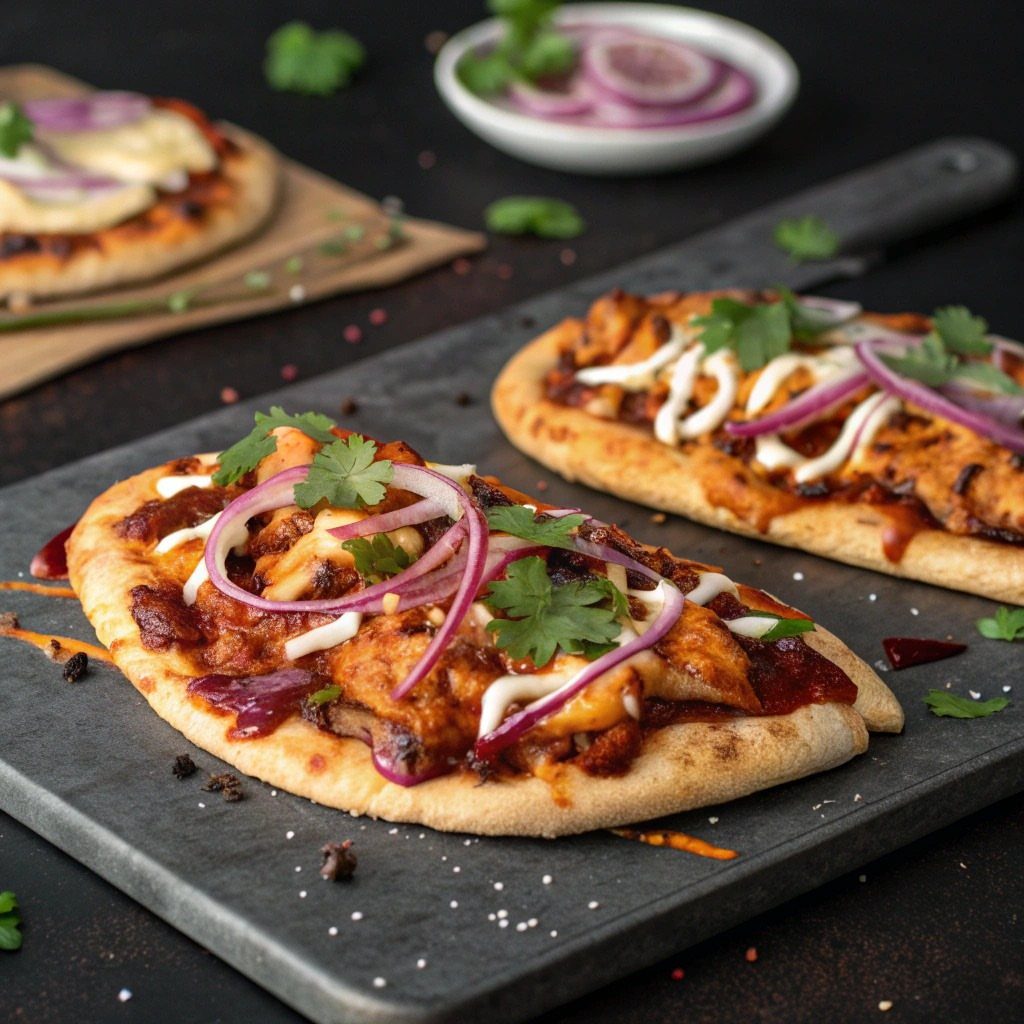 BBQ chicken flatbreads with red onions and cilantro on a dark slate board