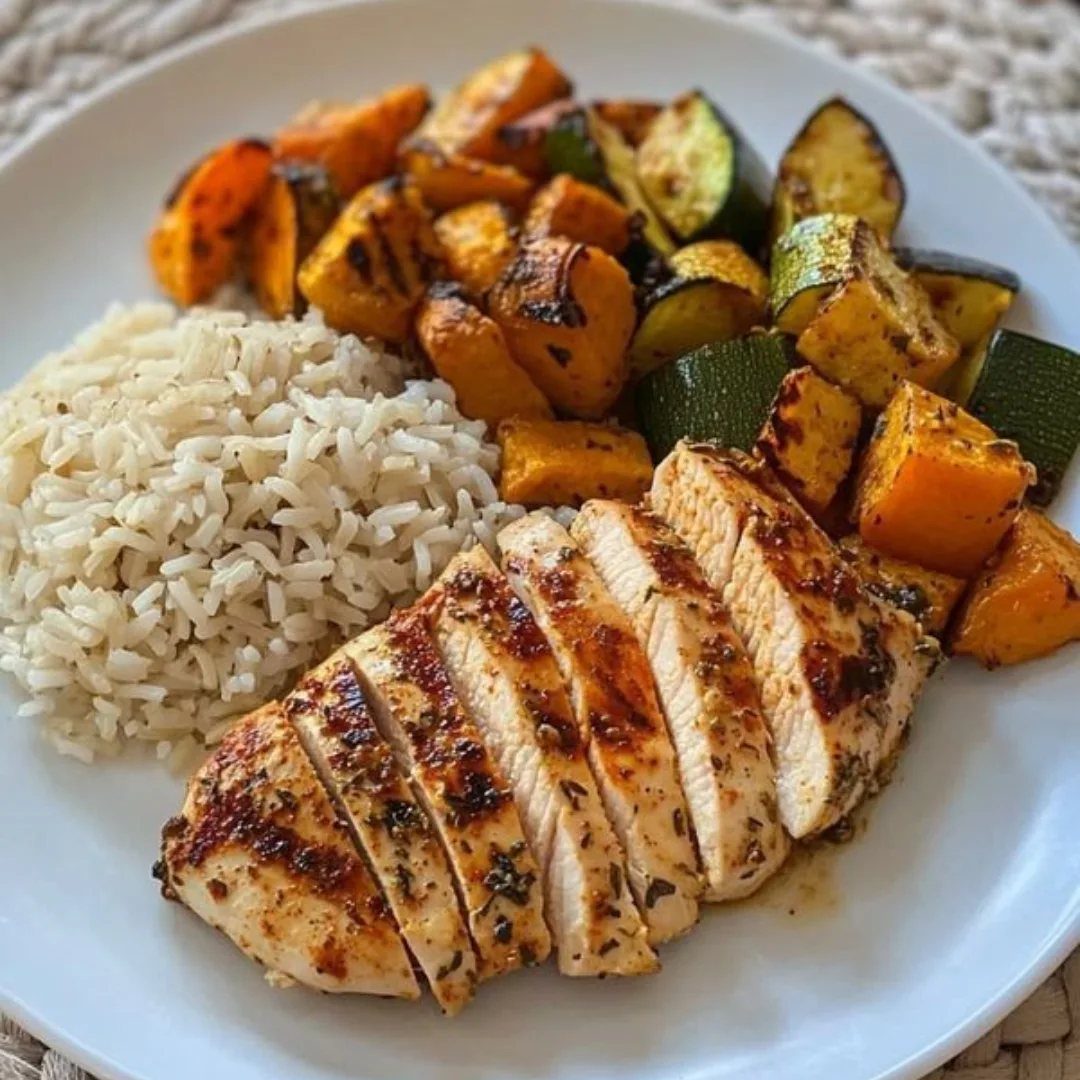 Grilled chicken breast served with brown rice and roasted autumn vegetables on a plate.