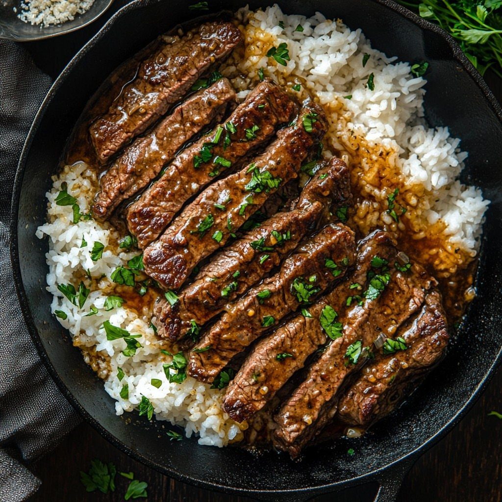 Sliced grilled flank steak with parsley served over white rice in a skillet