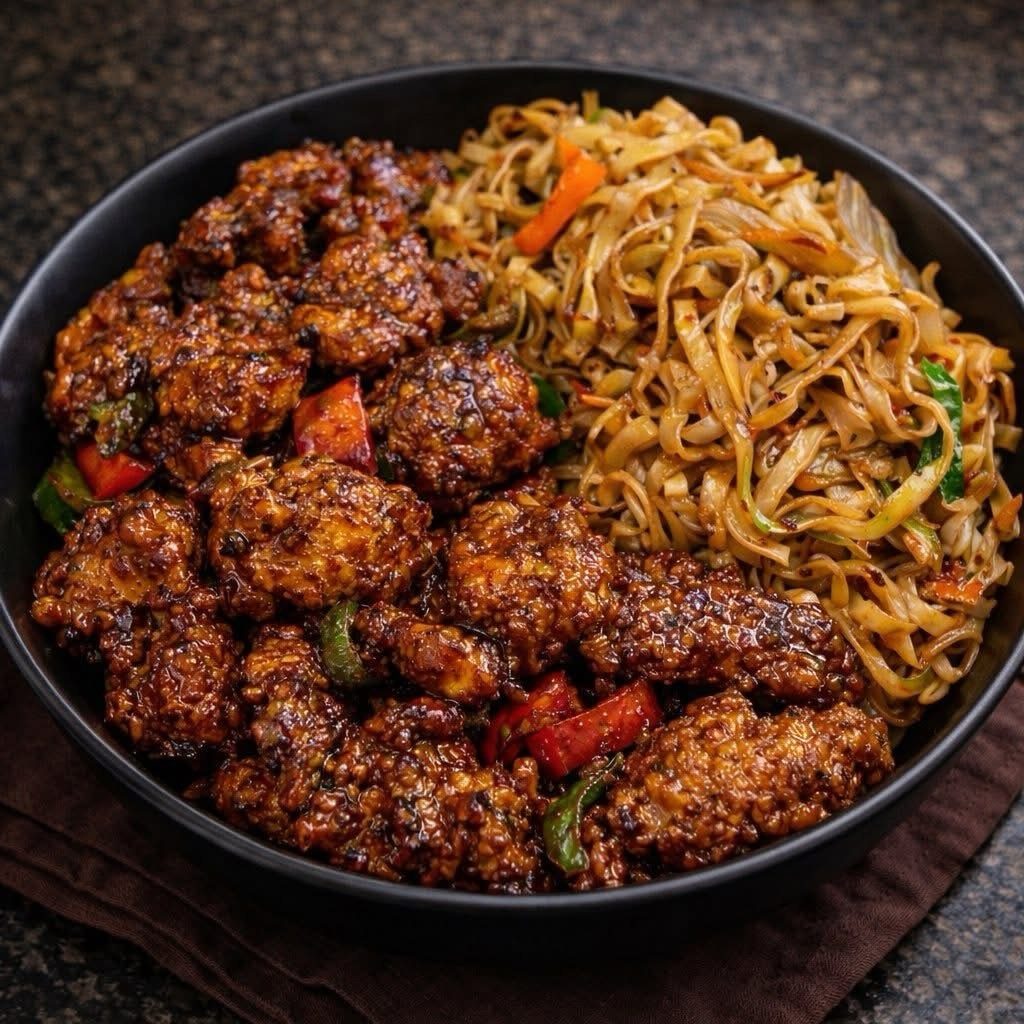 Glazed crispy chicken and stir-fried flat noodles served in a black bowl.