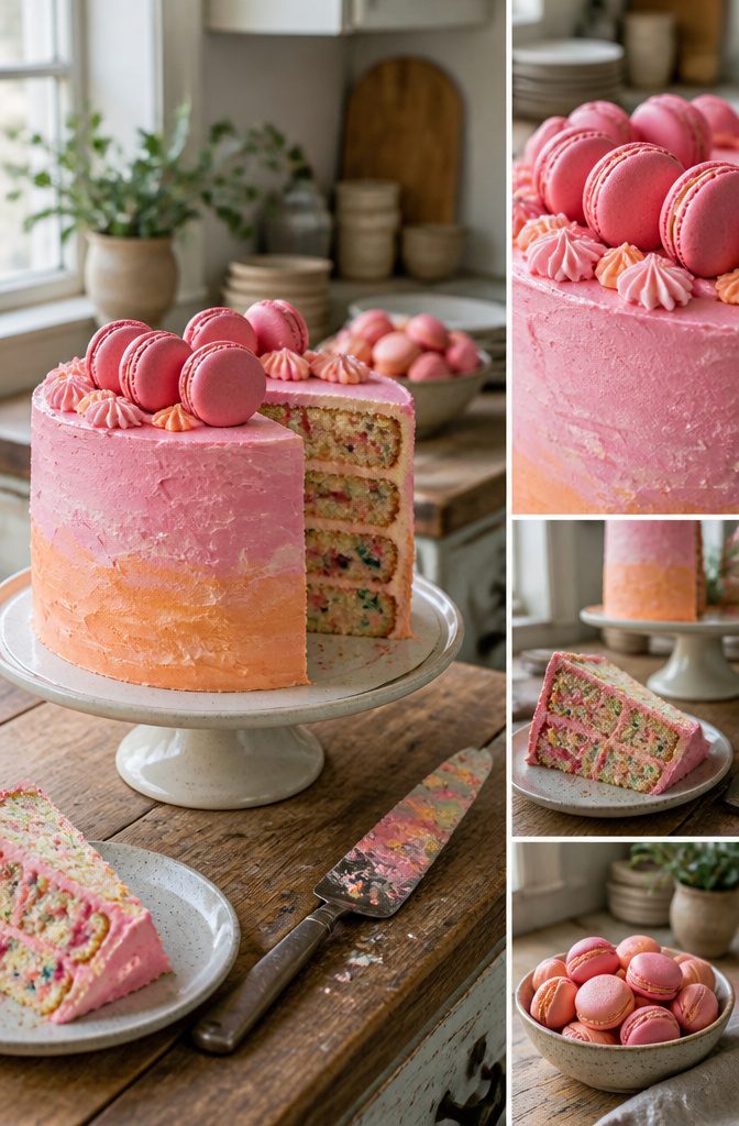 Watercolor cake with pale orange and pink buttercream and pink macarons