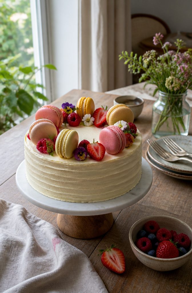 Buttercream cake topped with macarons, strawberries, raspberries, and edible flowers