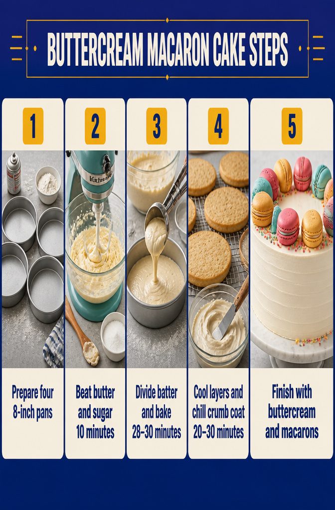 Recipe steps graphic for mixing cake batter, baking layers, frosting, and adding macarons