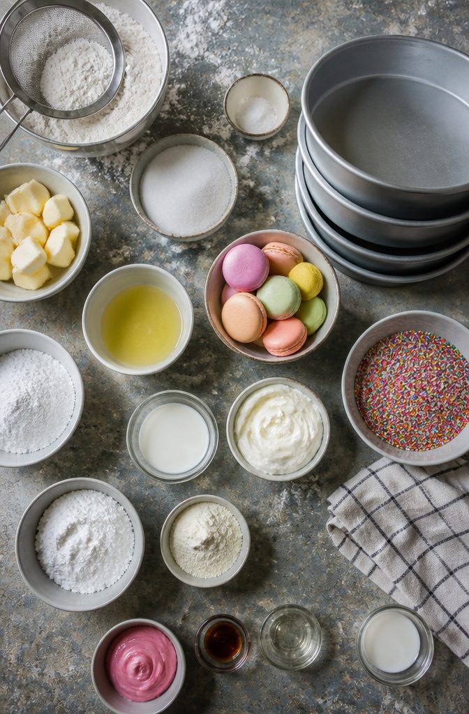 Cake ingredients with butter, flour, sugar, buttermilk, sprinkles, and buttercream ingredients