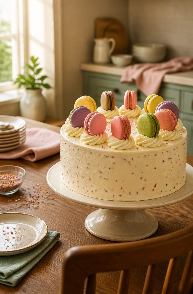 Confetti cake with colorful French macarons and piped buttercream swirls