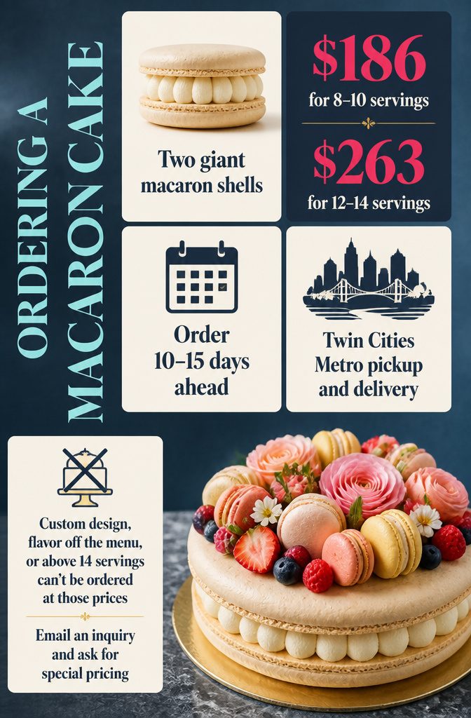 Ordering guide for a giant macaron cake with flowers, fruit, and smaller macarons