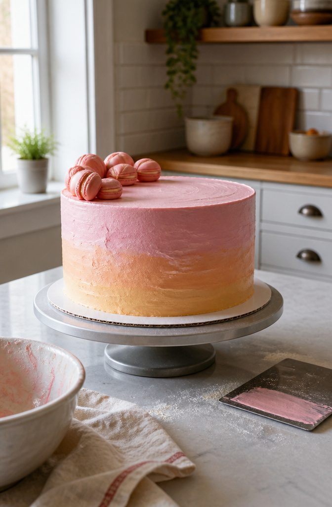 Pastel watercolor buttercream cake with pink macarons clustered along the top edge