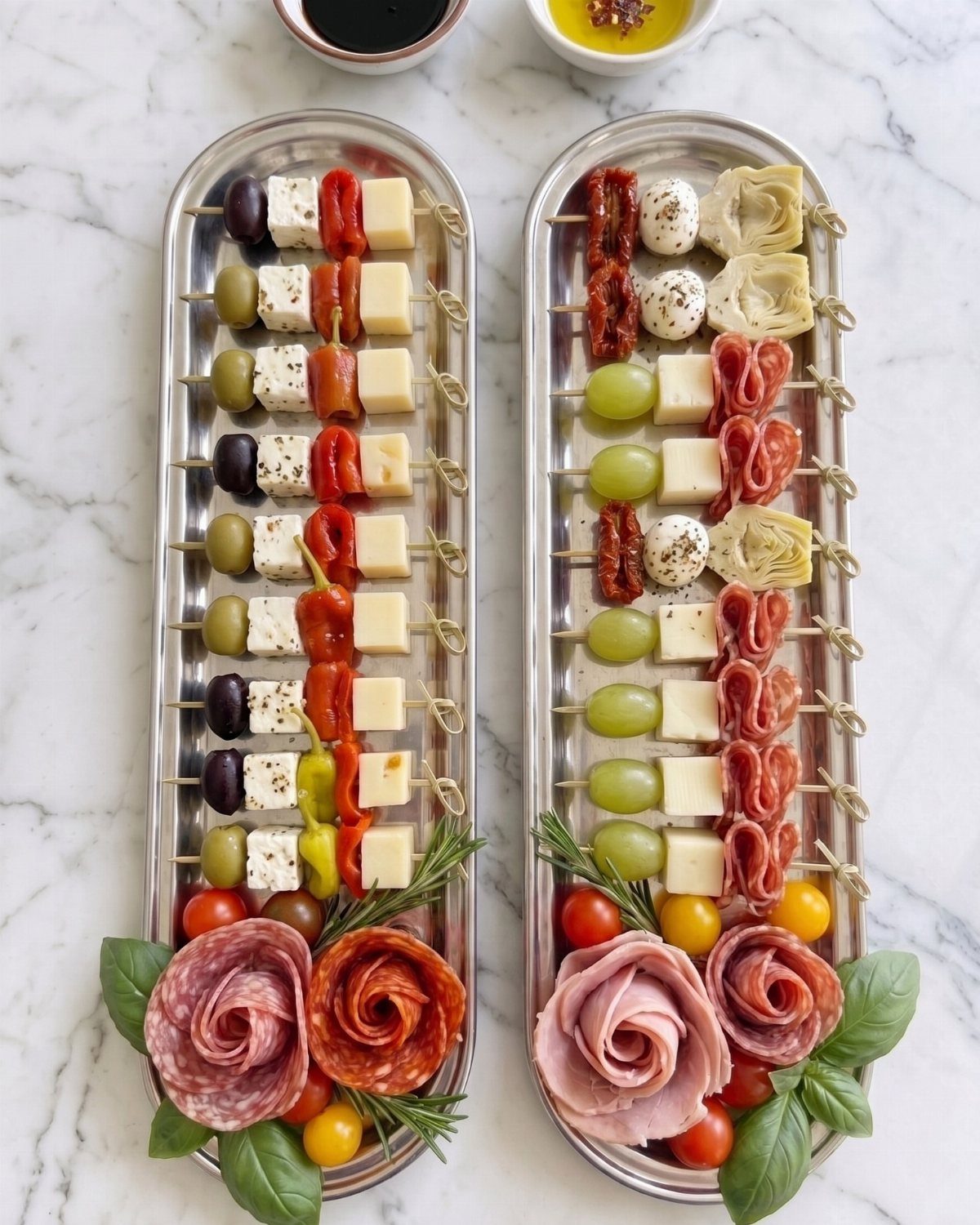 Two silver platters of antipasti skewers with salami roses and fresh basil garnish.