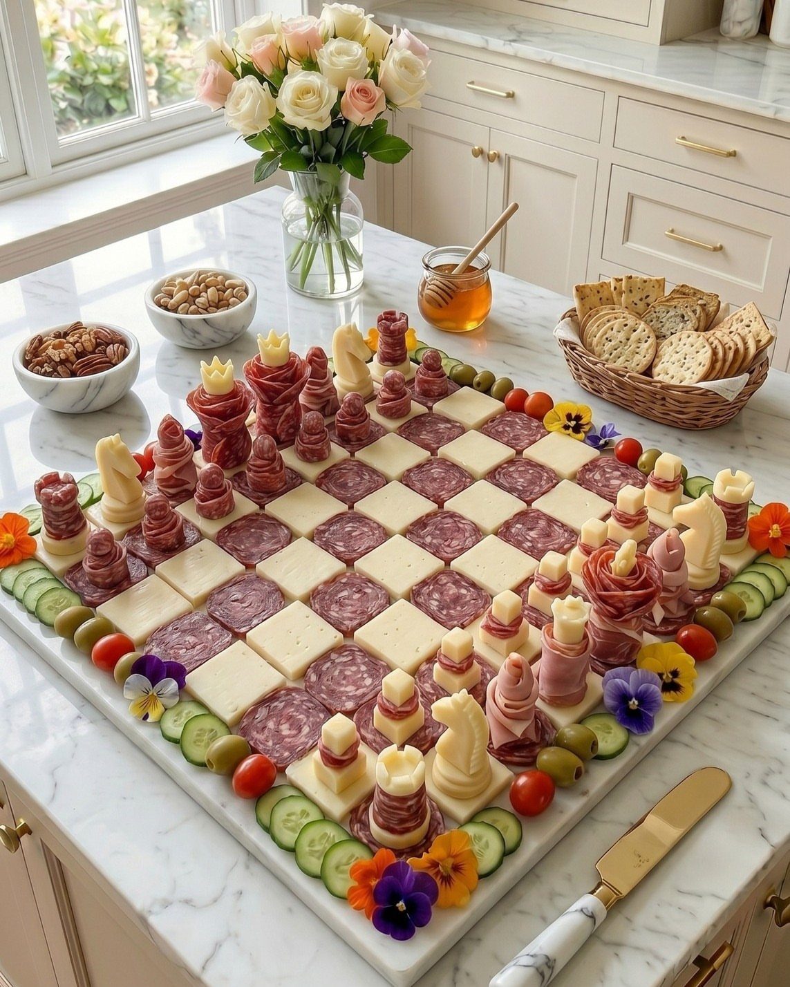 Charcuterie board arranged as a chessboard with cheese and salami pieces on marble countertop.