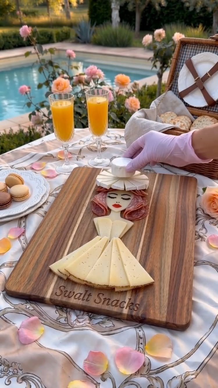 Meat and cheese board arranged as a woman's figure on a wooden platter outdoors.