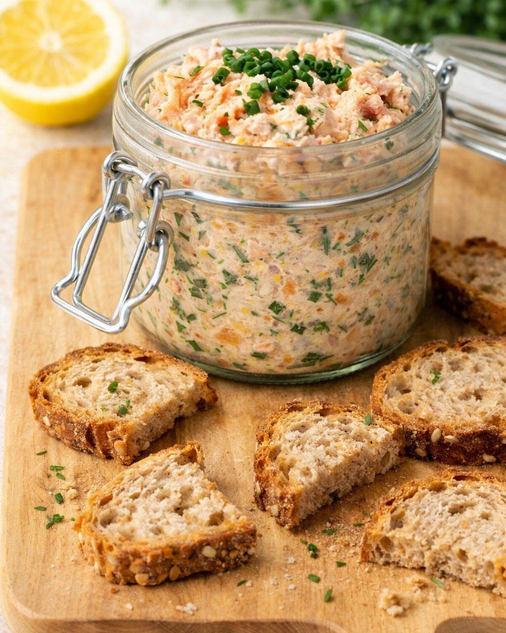 Salmon rillets in a glass jar with toasted bread on a wooden board.