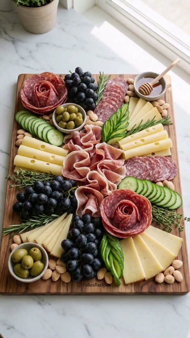 Charcuterie board with sliced prosciutto, salami, cheeses, grapes, olives, and cucumbers on wood.