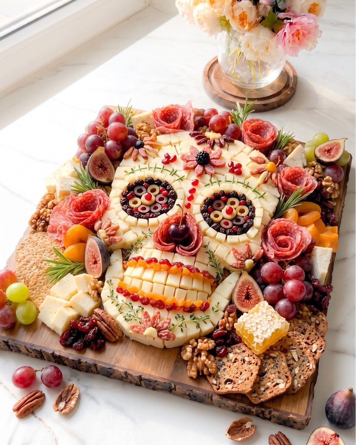 Charcuterie board arranged as a sugar skull with cheese, meats, and fresh fruits.