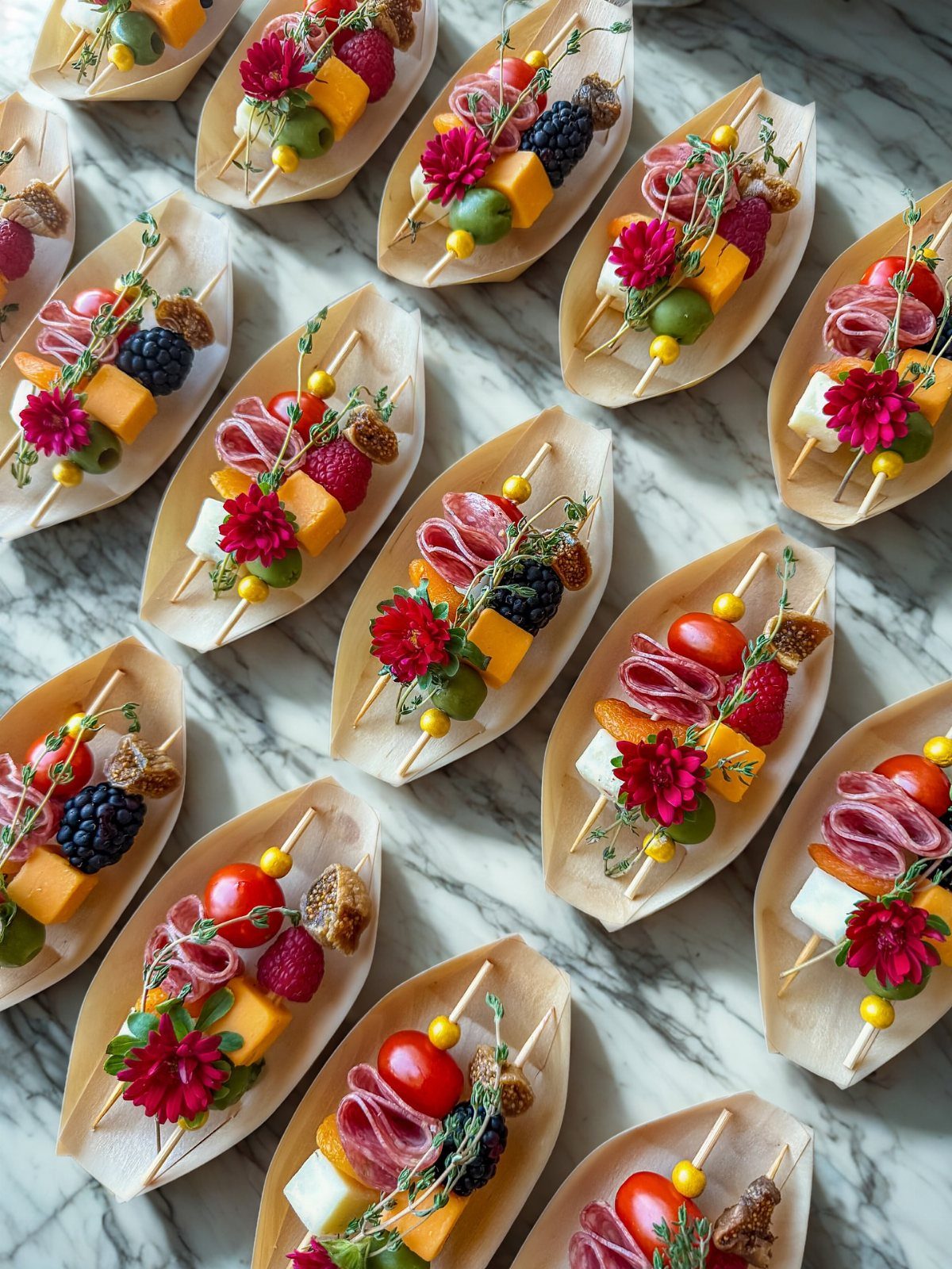 Charcuterie skewers with cheese, meat, and fruit served in small wooden boats.