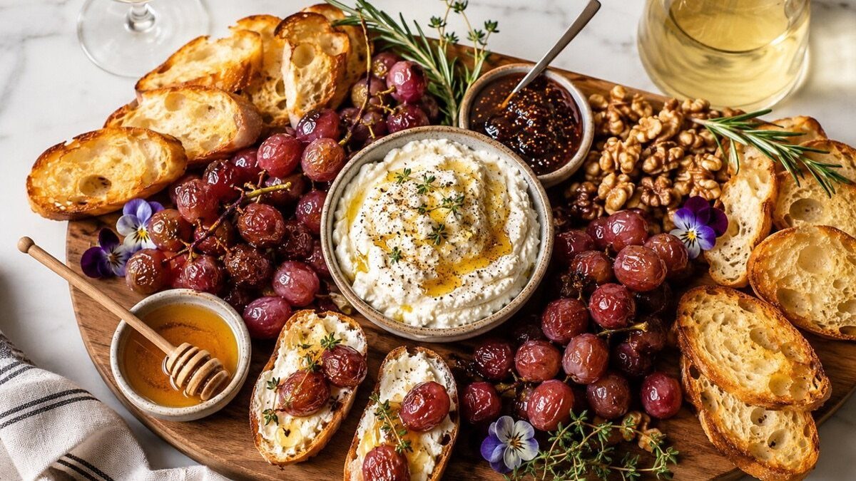Whipped ricotta dip with olive oil and herbs served with grilled bread and grapes.