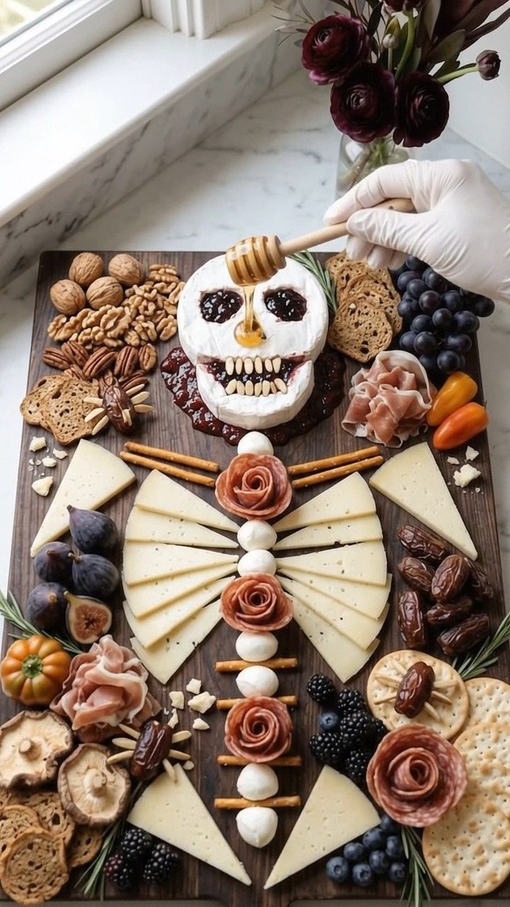 Charcuterie Board Table Ideas: 38 Grazing Tables and Platters 39 Skeleton-shaped charcuterie board featuring meat roses, cheese ribs, and a brie cheese skull.
