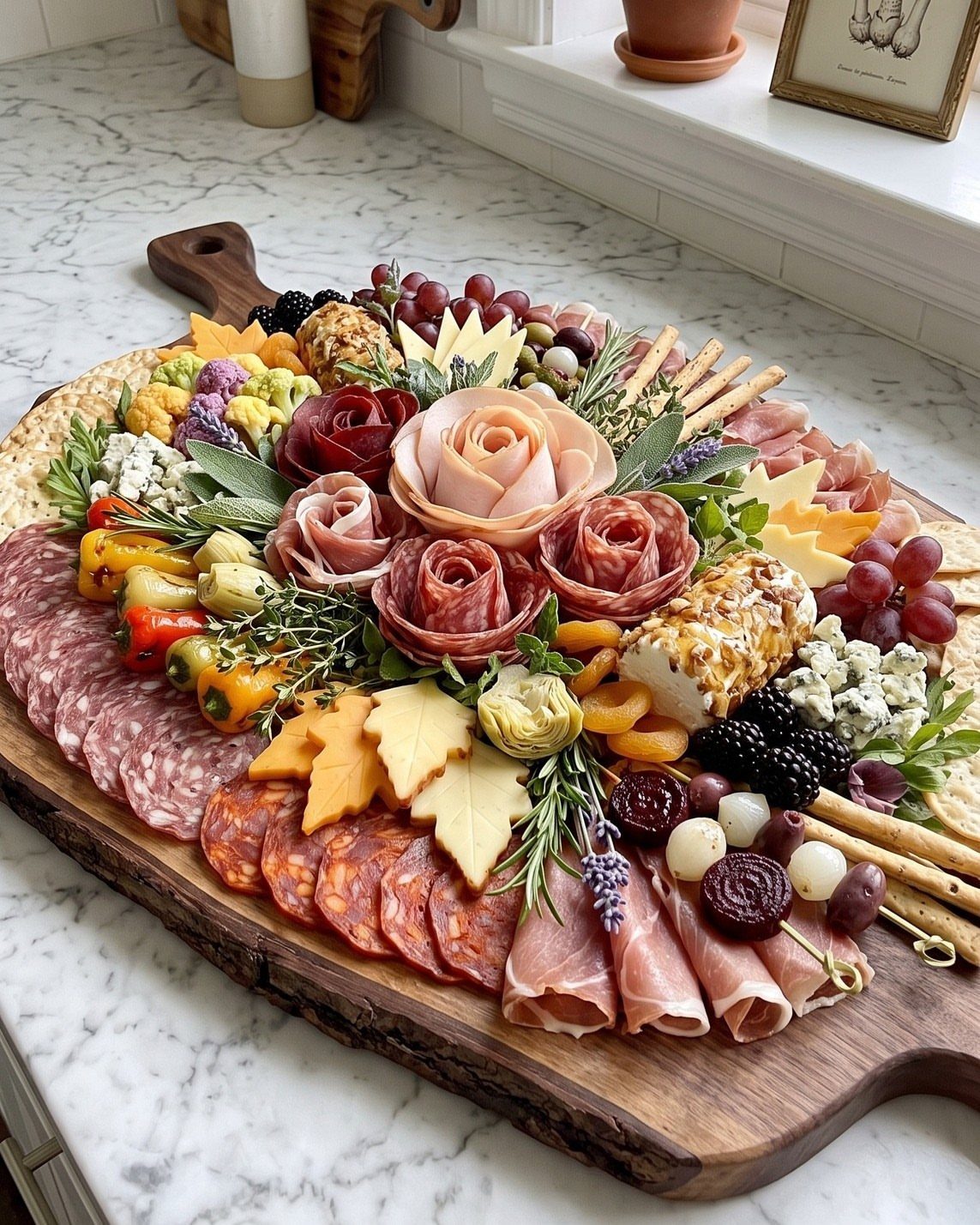 Charcuterie Board Table Ideas: 38 Grazing Tables and Platters 6 Large wooden charcuterie board with meat roses, assorted cheeses, fruits, and crackers.