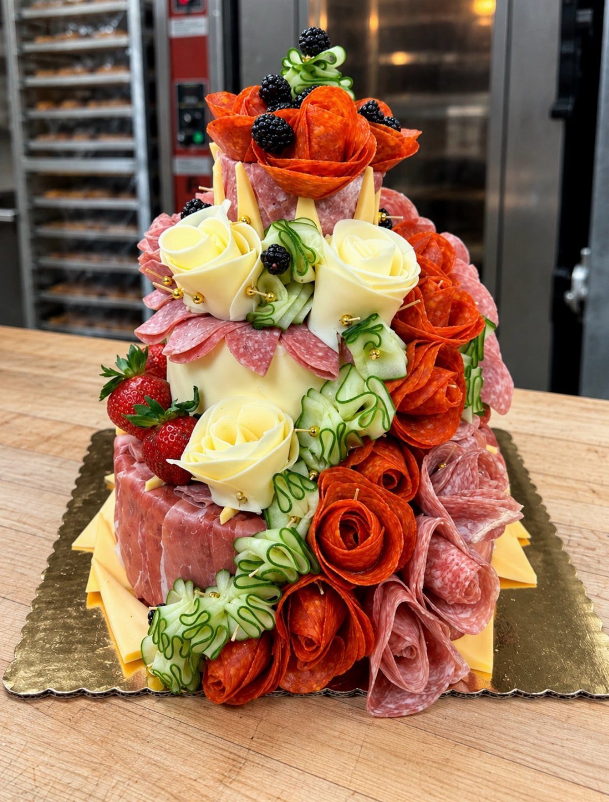 Charcuterie Board Table Ideas: 38 Grazing Tables and Platters 10 Tiered cheese wheel cake decorated with meat and cheese roses, berries, and cucumbers.