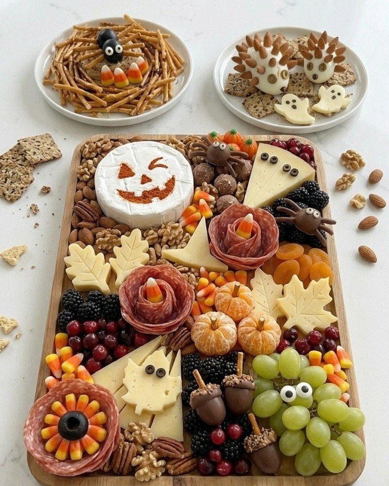 Charcuterie Board Table Ideas: 38 Grazing Tables and Platters 16 Halloween charcuterie board with pumpkin cheese, leaf-shaped crackers, and spooky themed snacks.