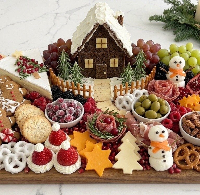 Charcuterie Board Table Ideas: 38 Grazing Tables and Platters 4 Holiday grazing table with a gingerbread house, snowmen, and festive cheese shapes.