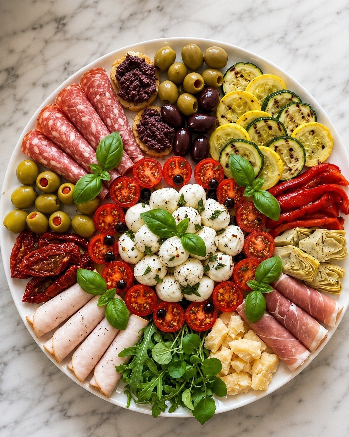 Charcuterie Board Table Ideas: 38 Grazing Tables and Platters 27 Italian charcuterie board with mozzarella, tomatoes, salami, prosciutto, olives, and grilled vegetables.