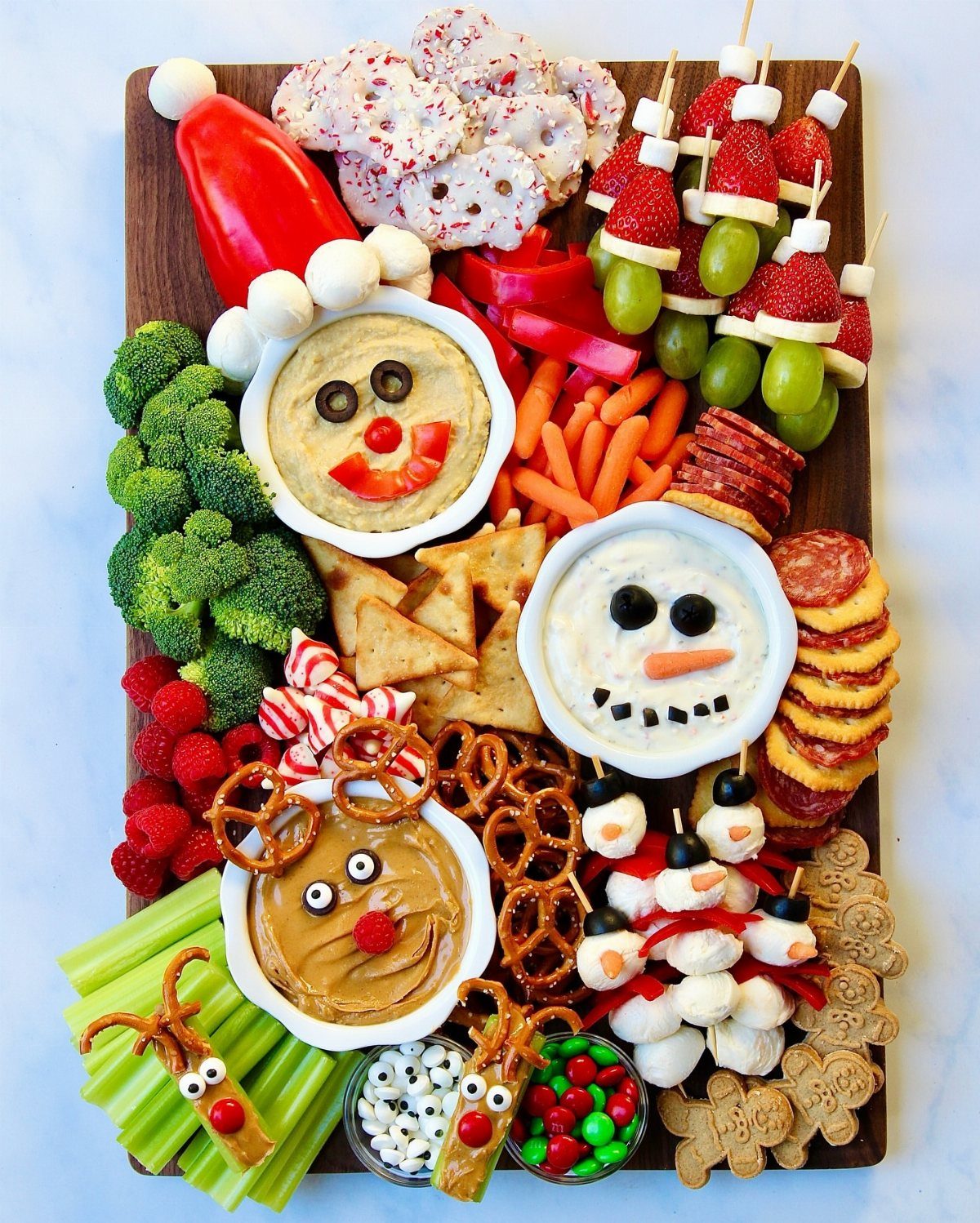 Charcuterie Board Table Ideas: 38 Grazing Tables and Platters 19 Festive kids Christmas charcuterie board with snowman dips, mozzarella skewers, and colorful snacks.