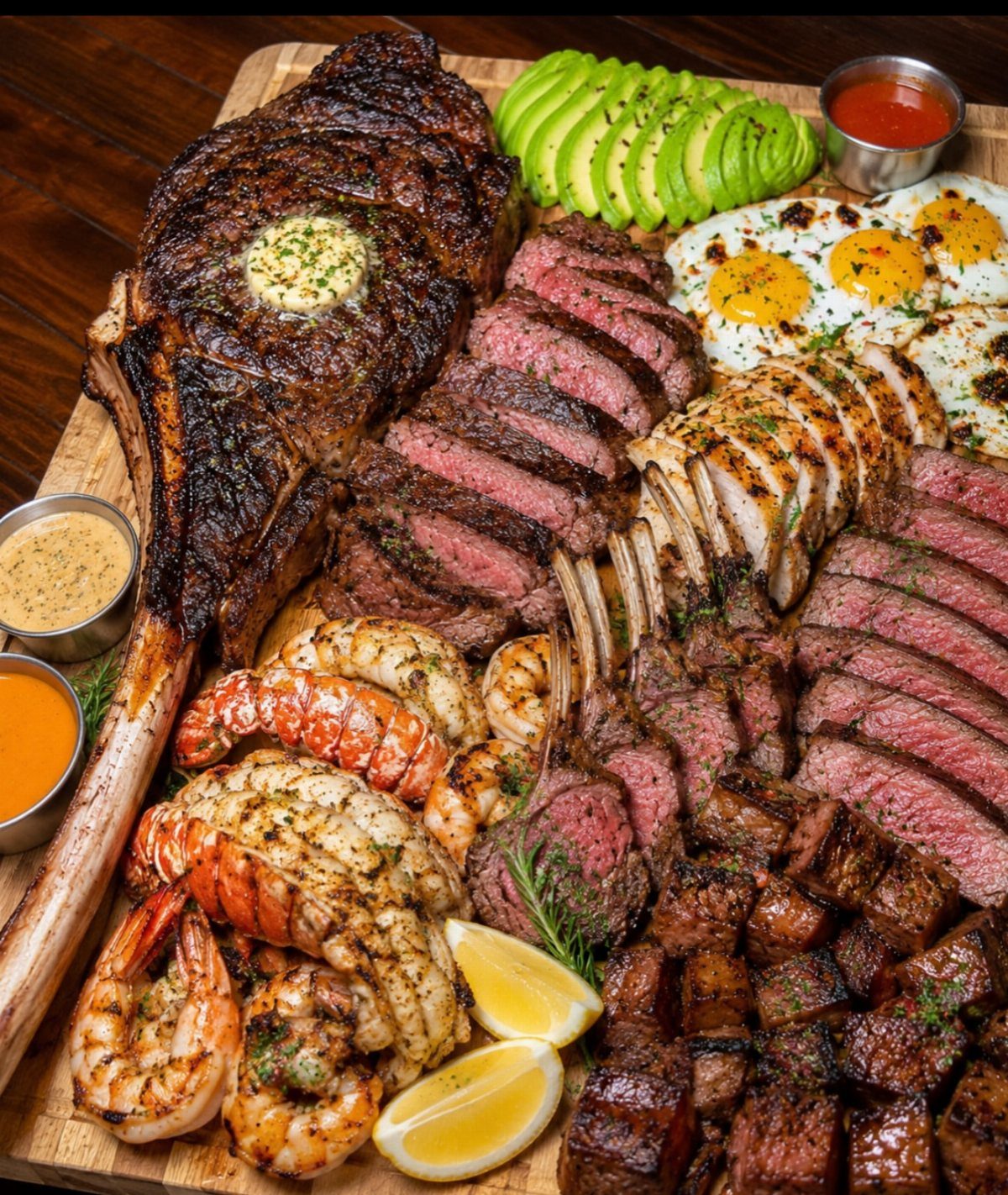 Charcuterie Board Table Ideas: 38 Grazing Tables and Platters 9 Wooden board featuring a variety of grilled steaks, lobster, shrimp, avocado, and fried eggs.