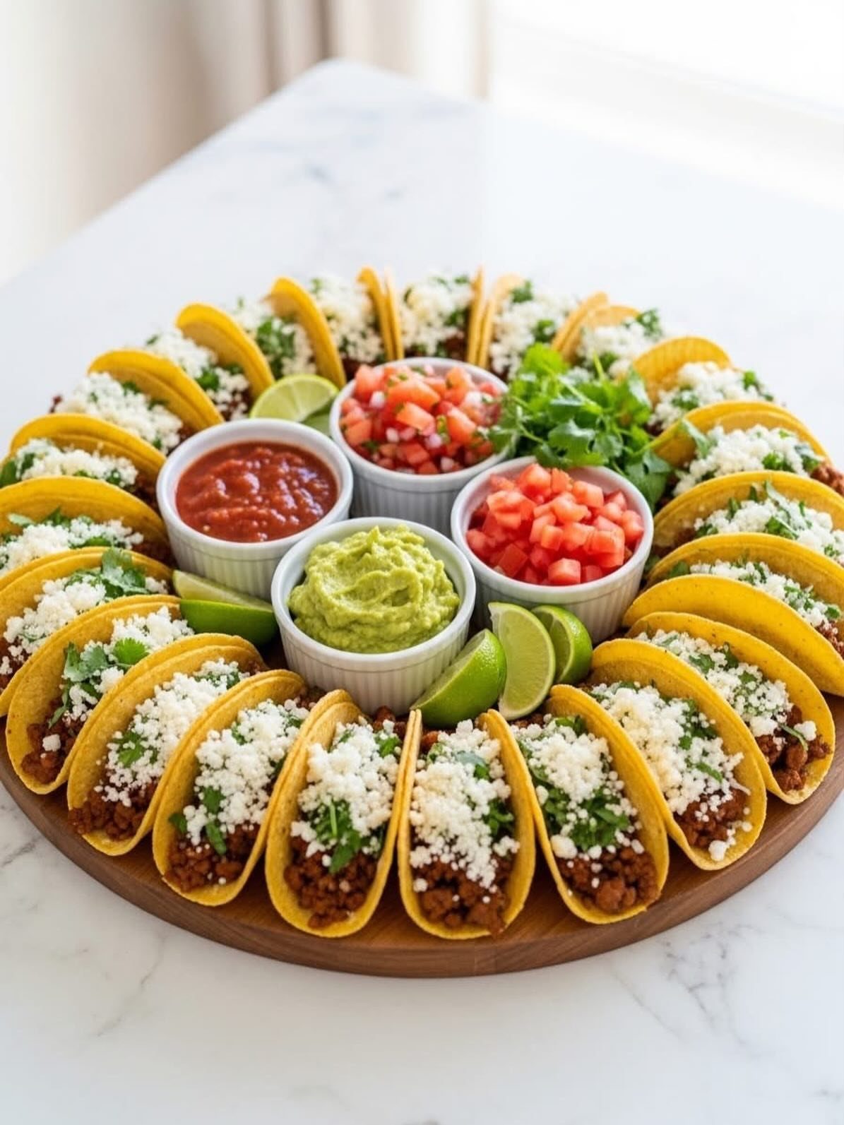 Charcuterie Board Table Ideas: 38 Grazing Tables and Platters 31 Round wooden board with mini tacos, guacamole, salsa, and lime wedges on white marble.