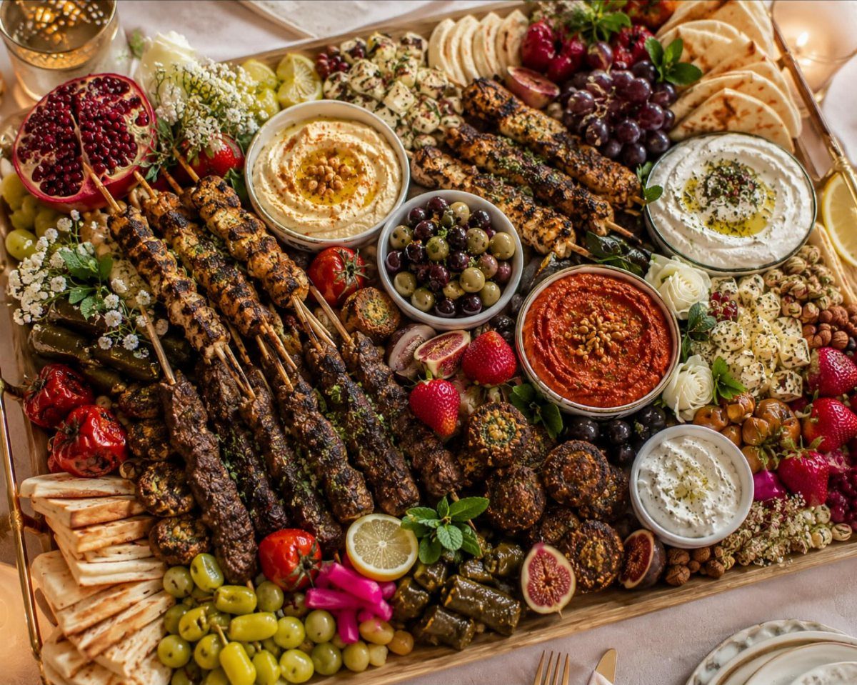 Charcuterie Board Table Ideas: 38 Grazing Tables and Platters 30 Middle Eastern platter with grilled skewers, hummus, olives, and fresh fruits on wooden board.