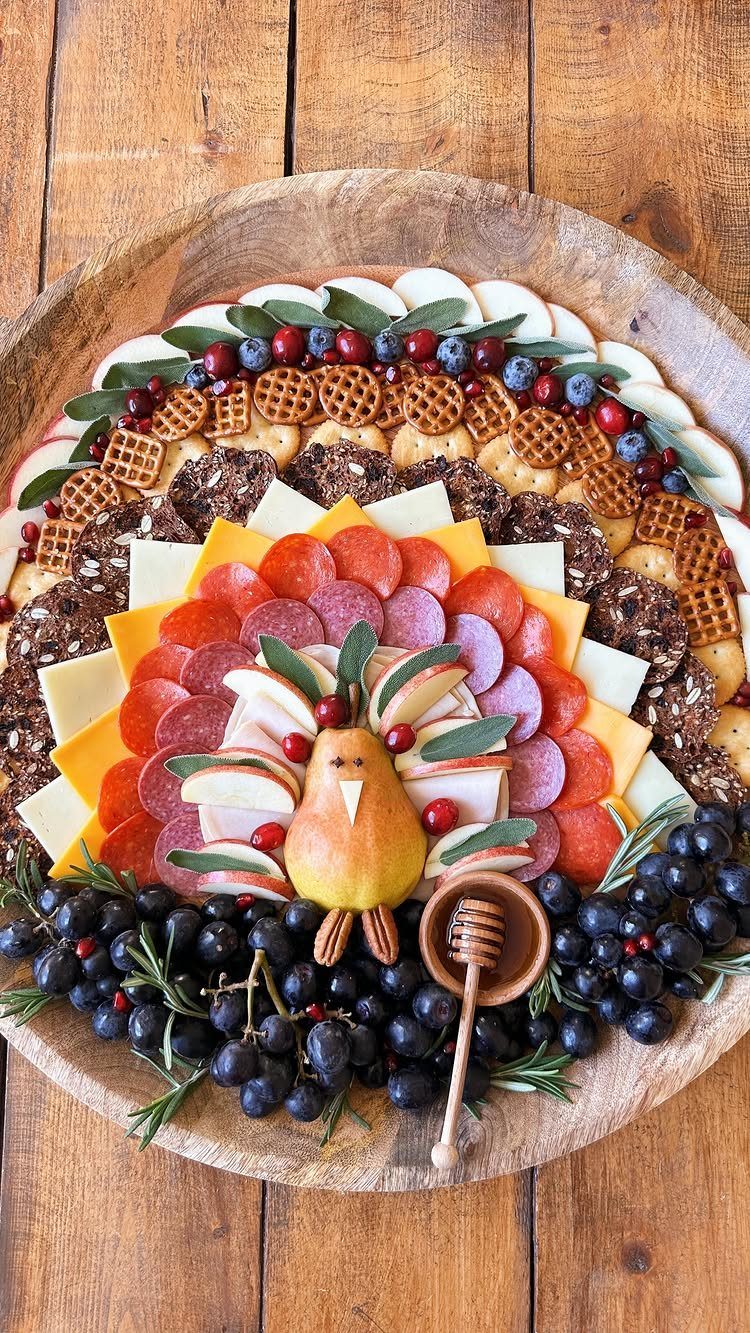 Charcuterie Board Table Ideas: 38 Grazing Tables and Platters 18 Turkey shaped charcuterie board with pear body, salami feathers, and fresh berries.