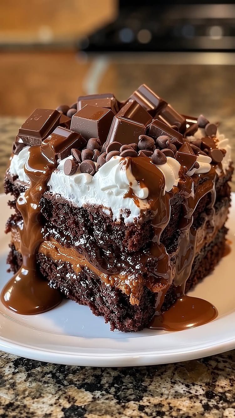 Chocolate layer cake slice topped with whipped cream, chocolate chips, and chocolate chunks.