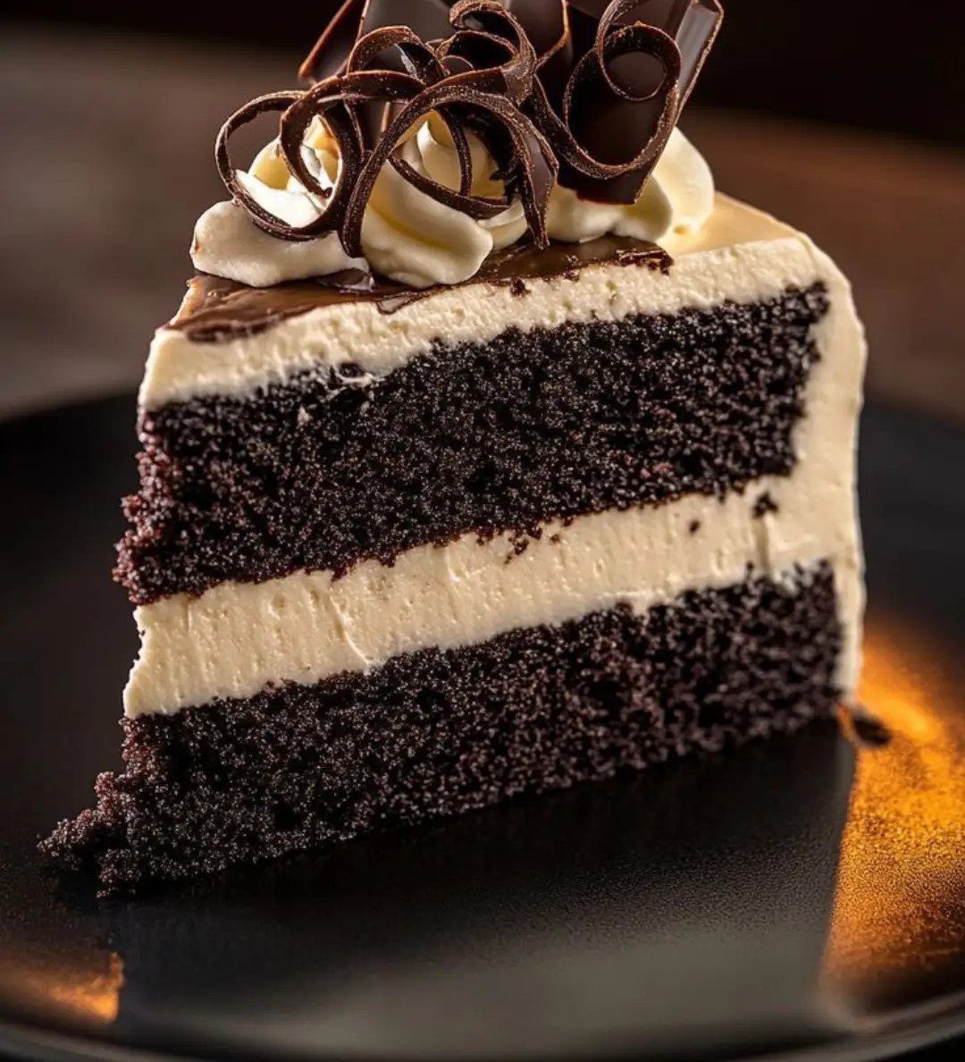 Chocolate layer cake slice with white frosting and decorative chocolate curls on top.