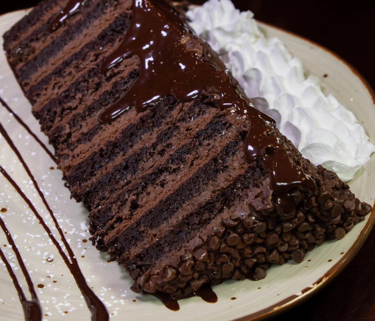 Chocolate layer cake slice with melted chocolate drizzle and whipped cream on a plate.