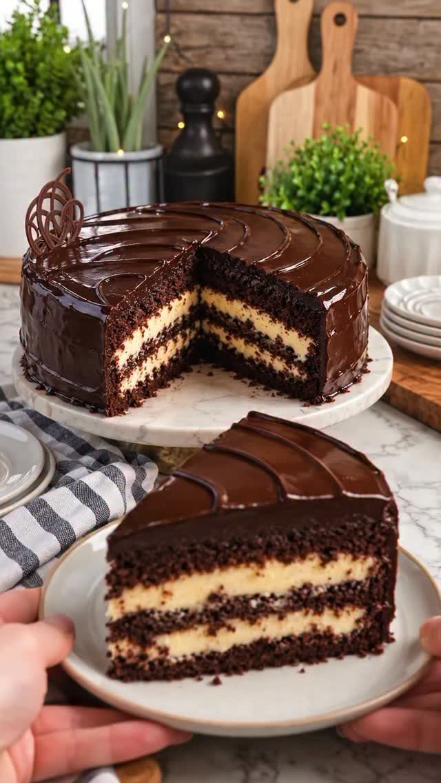 Chocolate layer cake with creamy filling and glossy chocolate ganache frosting on marble stand.