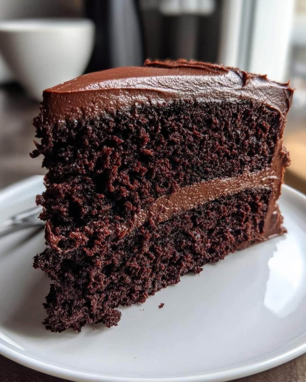 Slice of two-layer chocolate cake with frosting on a white plate