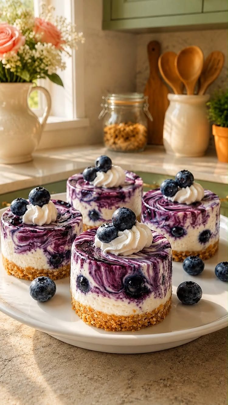 24 Desserts to Make with Blueberries, Cobbler to Cheesecake 5 Mini blueberry cheesecakes with whipped cream and fresh berries on a white platter.
