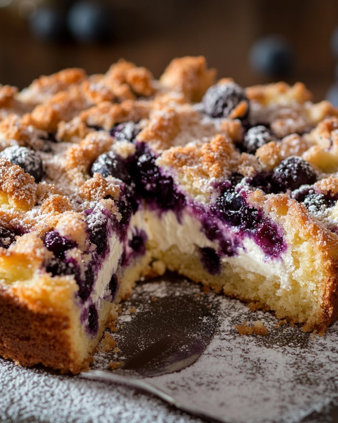24 Desserts to Make with Blueberries, Cobbler to Cheesecake 10 Blueberry kuchen with a creamy center and crumble topping, dusted with powdered sugar.