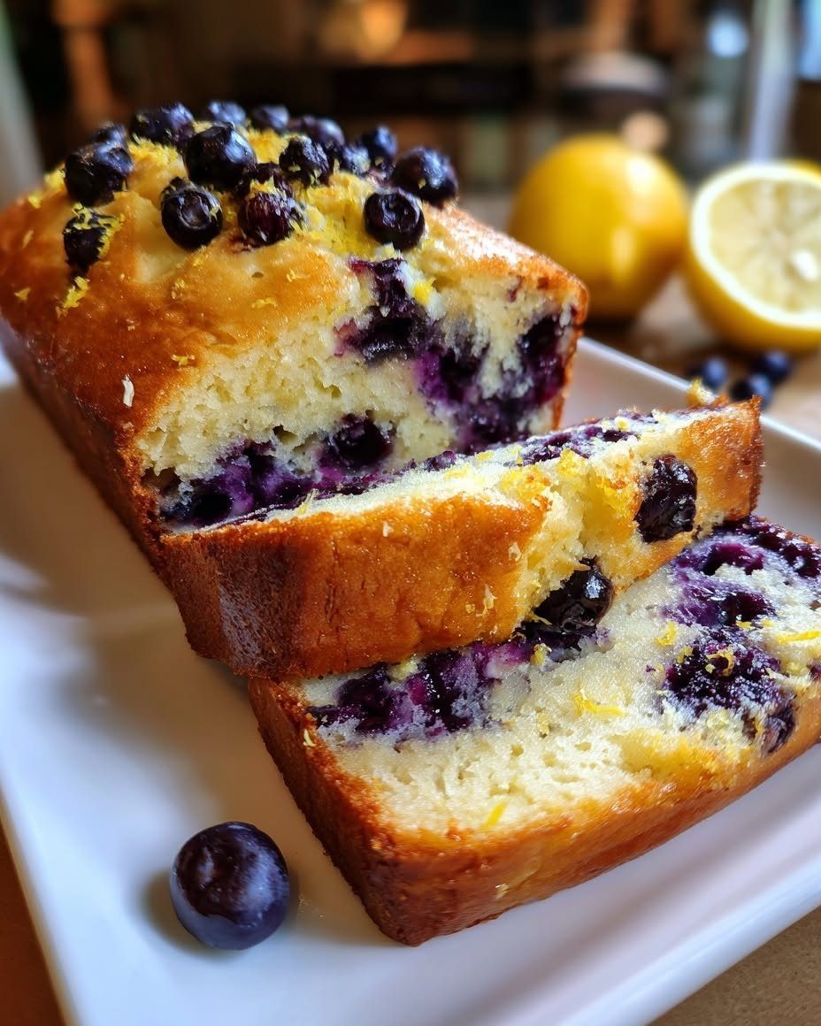 24 Desserts to Make with Blueberries, Cobbler to Cheesecake 16 Sliced lemon blueberry bread with fresh blueberries and lemons on a white plate.