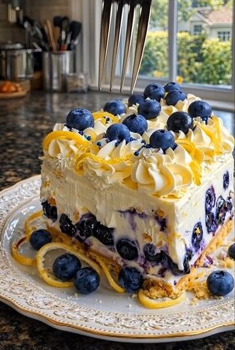 24 Desserts to Make with Blueberries, Cobbler to Cheesecake 7 Layered lemon blueberry cake with white frosting and fresh blueberries on a plate