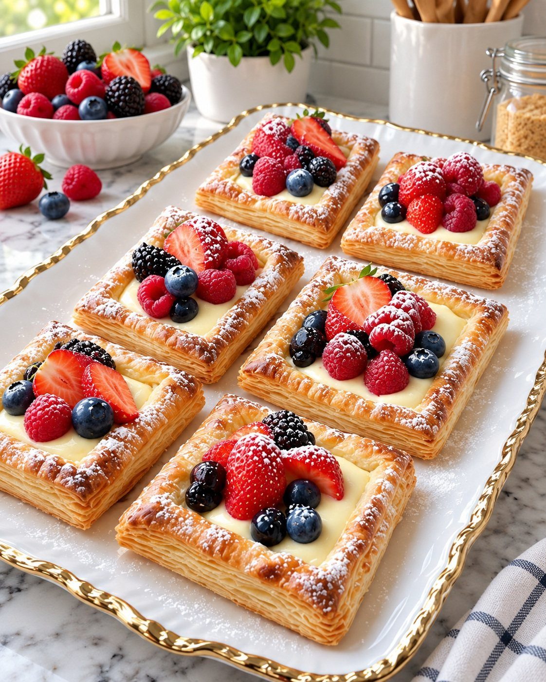 Berry puff pastry tarts with creamy filling and fresh berries on a gold platter.
